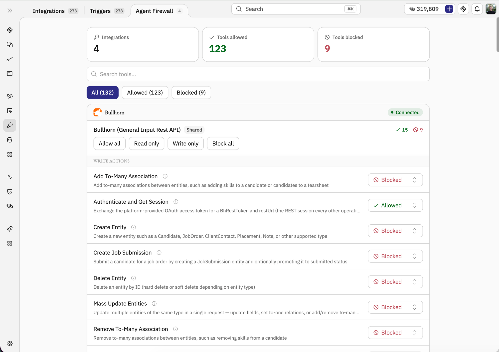 Agent Firewall: allow or block each tool, per integration