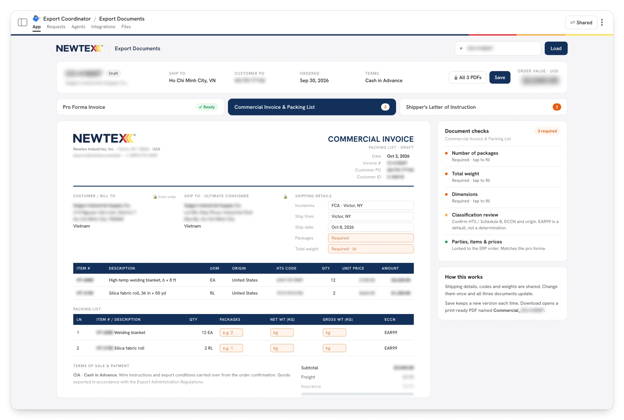 Export Documents: One sales order becomes three documents, with checks for what still needs a person.