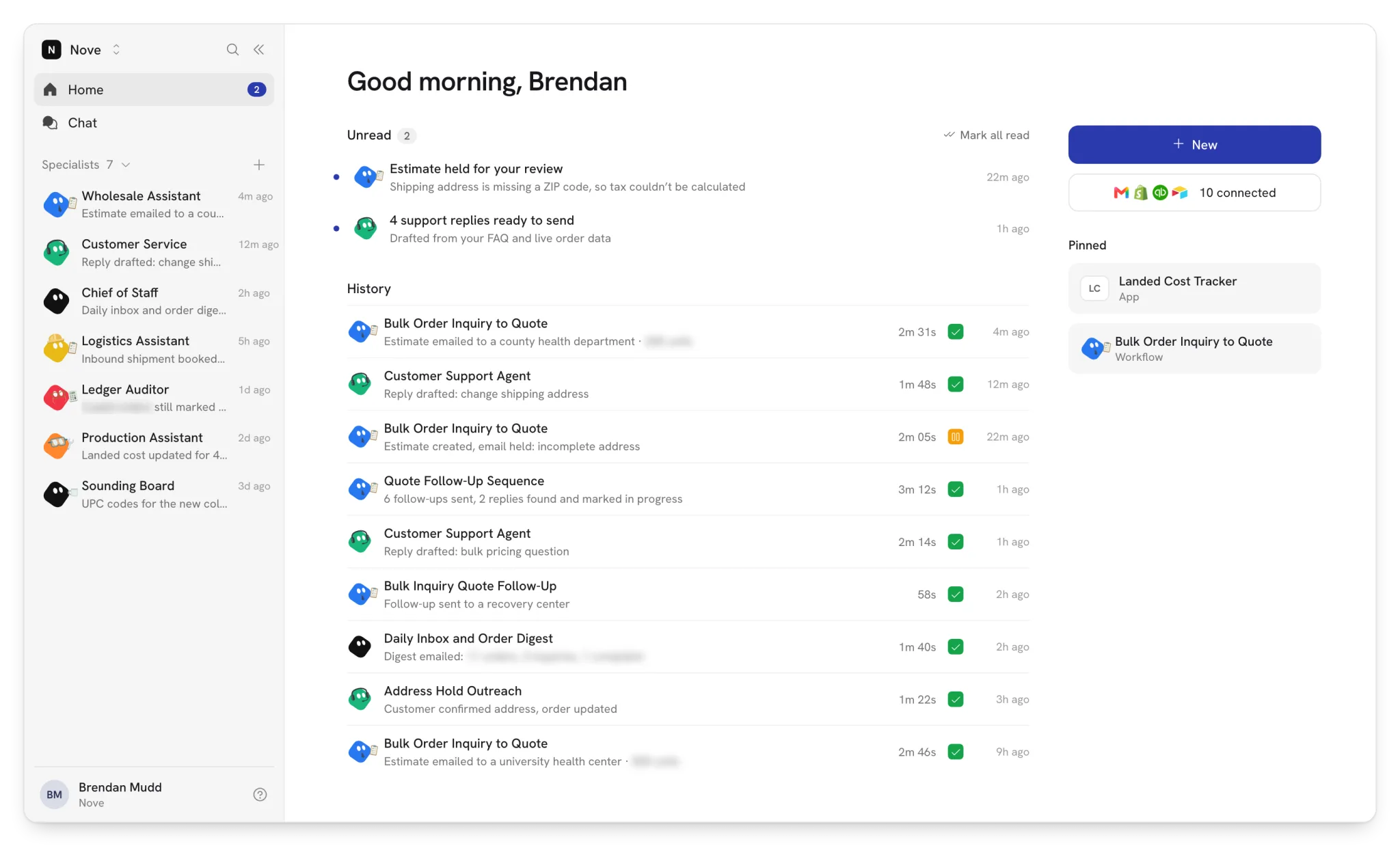 Home: Every quote, follow-up and support draft in one feed, with anything held for review at the top.