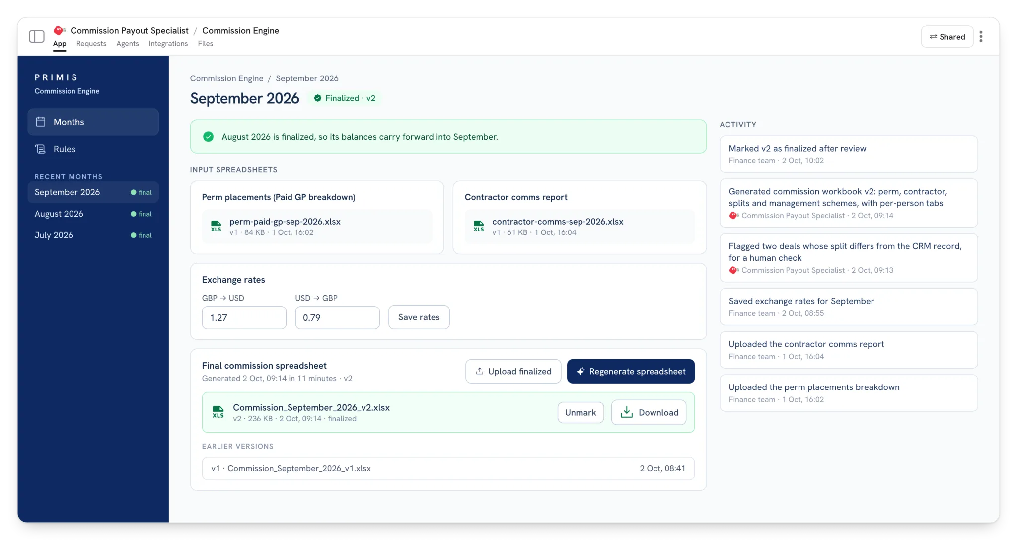 Commission Engine: Two input reports in, a finished commission workbook out, with every change logged.