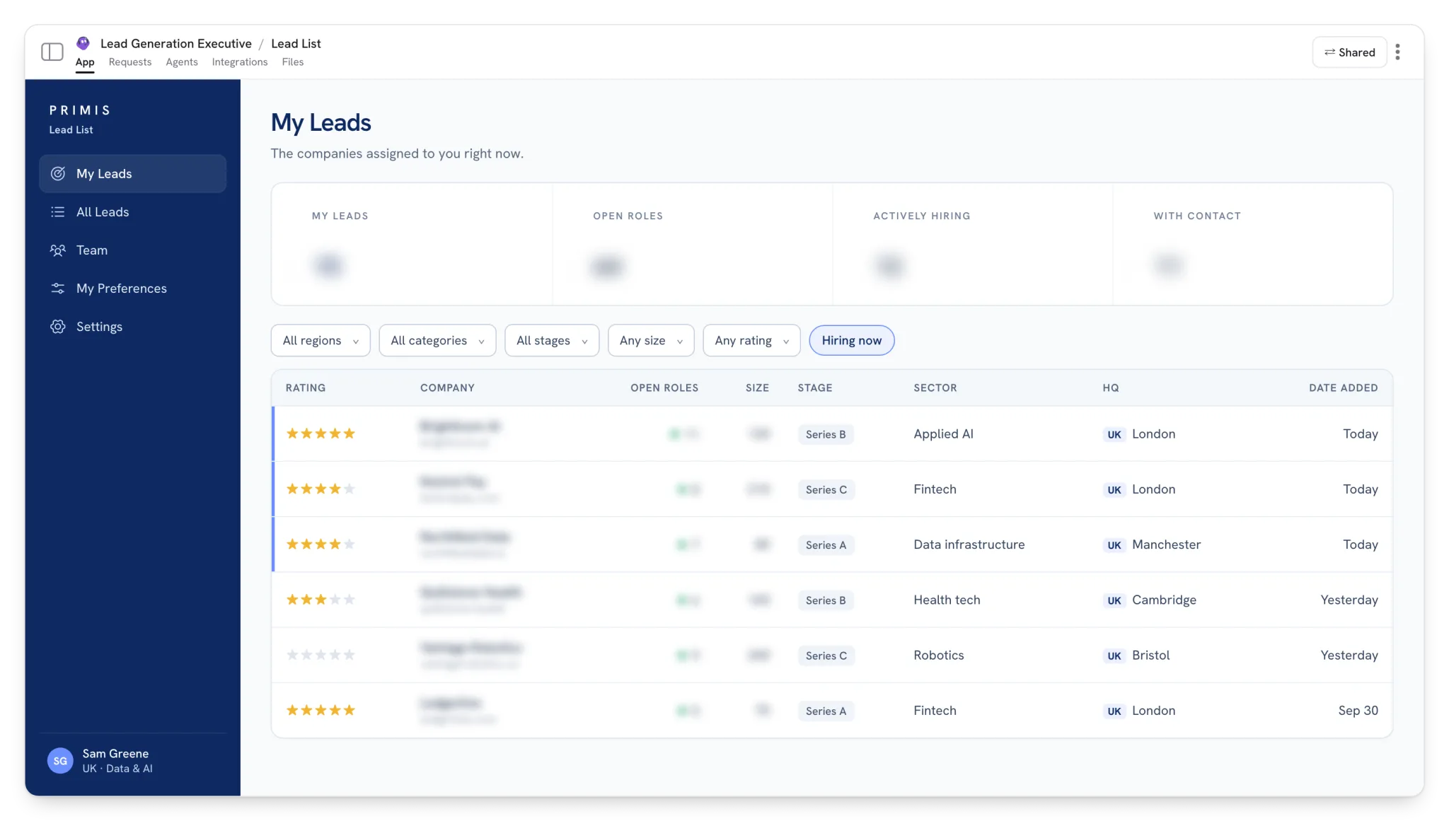 Lead List: Each consultant’s leads for the day, with hiring signals, ratings and one-click CRM sync.