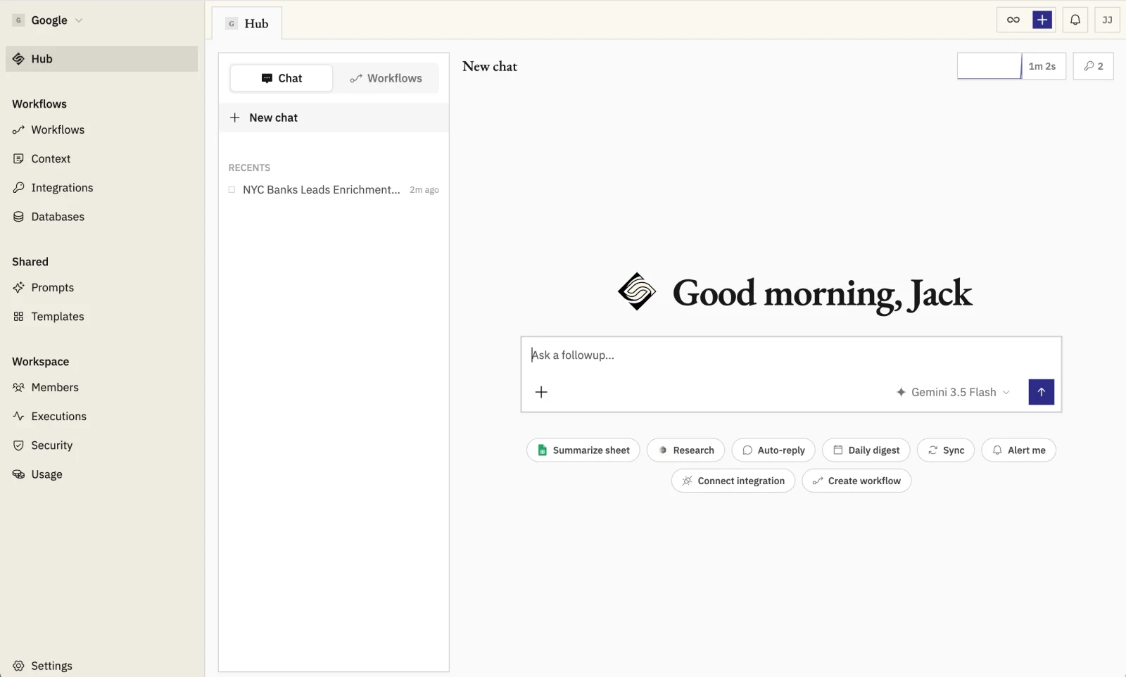 Hub with Chat tab selected