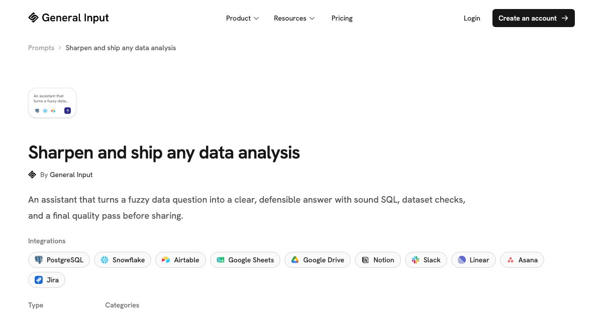 Data analysis assistant: SQL, dataset checks, dashboards | General Input